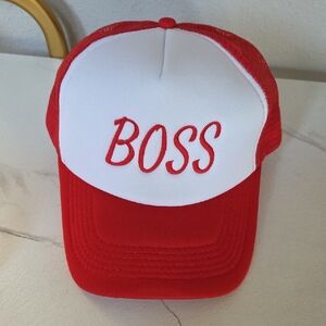 Red and White BOSS Trucker Hat